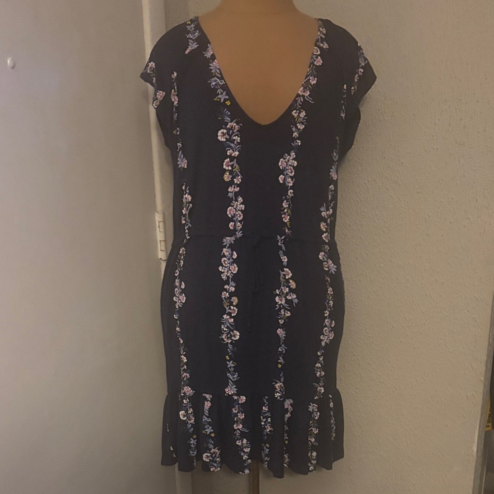Lucky Brand Floral Navy Midi Dress Pink/Blue Ruffle Trim S Cottagecore Coquette